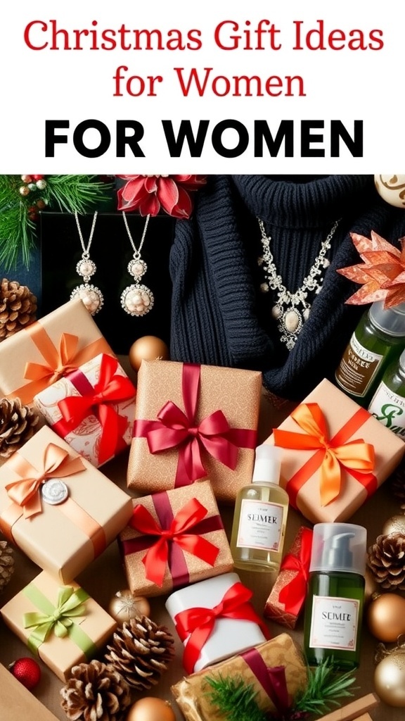 Christmas Gift Ideas for Women A collection of Christmas gifts for women including jewelry, clothing, skincare products, and gourmet treats, arranged festively.